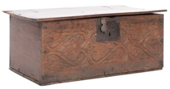 A 17th-century oak rectangular Bible or table box,