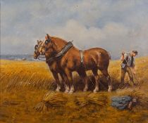 D. Long (British, 20th Century) Horses working the harvest Oil on canvas 49.
