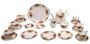 A Royal Albert Old Country Roses tea service, comprising a teapot and cover, milk jug, sugar bowl,