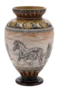 A Doulton Lambeth stoneware vase by Hannah Barlow sgraffito decorated with donkeys and ponies,