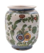 A Castelli maiolica albarello painted with scrolling flowers and foliage, the base inscribed 'No22',