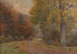 Henry M. Terry (British, 1879-1920) A woodland track with a shepherd and his sheep Watercolour 36.