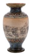 A Doulton Lambeth stoneware vase by Hannah Barlow sgraffito decorated with a flock of sheep and