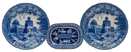 Three blue and white transfer ware plates,