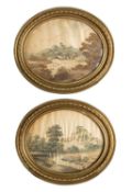 A pair of George III embroidered silkwork pictures, last quarter 18th century; of oval form,
