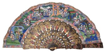 A Chinese Canton lacquer fan, Qing dynasty; the leaves decorated with numerous children on terraces,