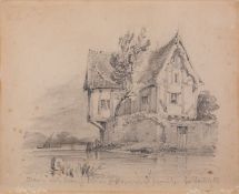 George Rowney (British, d.1870) A riverside half-timbered house Pencil 21.5 x 26.
