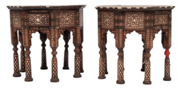 A pair of near Eastern hardwood and inlaid octagonal occasional tables,