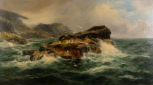 Peter Graham (British, 1836-1921) Seagulls on coastal rocks Oil on canvas 58.5 x 105.