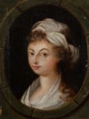 French School (circa 1790) Portrait of a young woman in a white dress wearing a white turban in a
