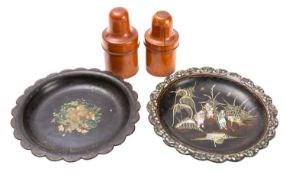 Two similar turned treen scent or medicine bottle holders,