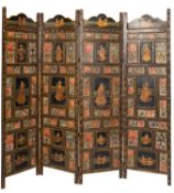 A late 19th Century Indian carved, ebonised and polychrome decorated four fold screen,