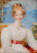WITHDRAWN British School (Circa 1830) Portrait of Mrs Rowles, half length, in a white dress,