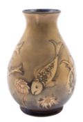 A William Moorcroft pottery vase, of flaring oviform tube lined in the fish pattern,