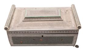 An Anglo Indian sadeli worked and ivory strung workbox, mid 19th century; of sarcophagus form,