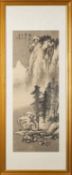 A pair of Chinese landscape paintings titled 'Green mountain with red flowering trees in spring'