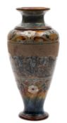 A large Doulton Lambeth stoneware vase by Hannah Barlow sgraffito decorated with Highland Cattle in
