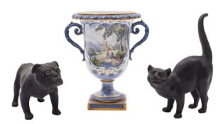 Two Wedgwood black basalt animals designed by Ernest Light and a Royal Crown Derby porcelain vase