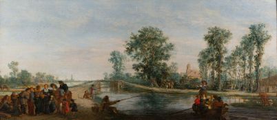 Dutch School (17th Century) Extensive landscape with people gathering on the road by a river ,