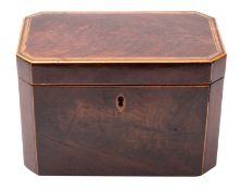 A George III mahogany tea caddy, late 18th century; rectangular,