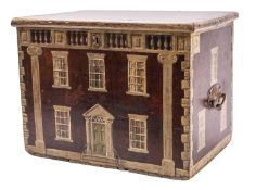 A Victorian pine small trunk or slipper box, painted overall as a Georgian mansion,
