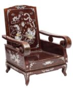 A Chinese lacquer and mother-of-pearl inlaid armchair, 20th century; decorated with cockerels,