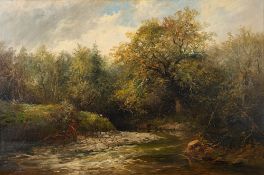 G.R.Jenkins (British, 19th Century) Angler on the riverbank, Oil on canvas, 50 x 75cm.