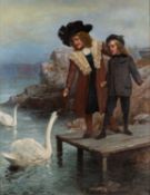 Attributed to Edward Barnes (British, 1830-1890) Feeding the Swans Oil on canvas 69.