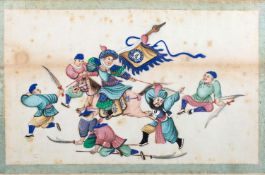 A set of six Chinese pith paper drawings; painted with scenes of entertainment and presentation,