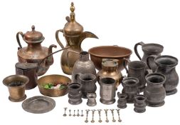 A quantity of domestic metalware, 19th and 20th century; inckluding a brass mortar,