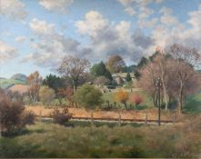 Charles Brooke Farrar (British, 1899 - 1979) A house above a railway Oil on board 48 x 60.