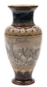 A large Doulton Lambeth stoneware vase by Hannah Barlow sgraffito decorated with deer in a