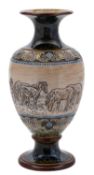 A Doulton Lambeth stoneware vase by Hannah Barlow sgraffito decorated with ponies in a landscape