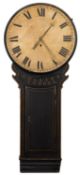 A Georgian ebonised tavern clock having an eight-day duration, A-shaped,