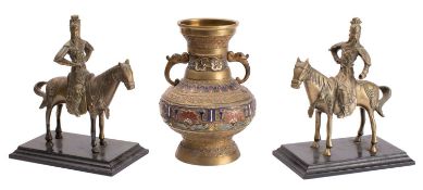 A Japanese champleve enamel decorated brass vase and a pair of equestrian figures the latter on
