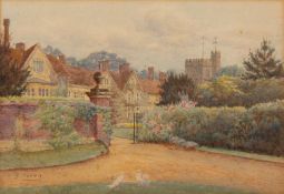 WITHDRAWN Henry M. Terry (British, 1879-1920) Manor house by a Church Watercolour 17 x 24.