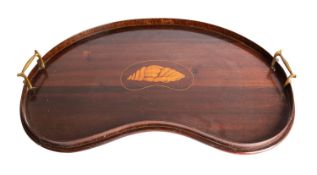 An Edwardian mahogany and marquetry kidney shaped tray, in Sheraton taste,