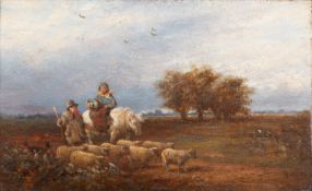 British School (19th century) A shepherd and flock accompanied by his wife on a white pony,