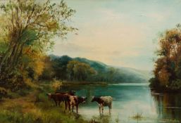 John Fulleylove (British,1845 -1908) A river scene with cattle watering Oil on panel 28.5 x 42.