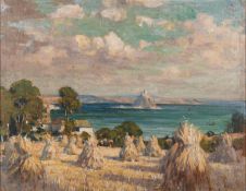 British School (20th Century) Wheatfield and farm with St.