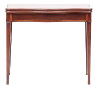 A George III mahogany and inlaid card table; of serpentine outline, crossbanded in kingwood,