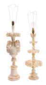 Two North Italian carved alabaster table lamps,