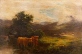 Peter Graham (British, 1836 - 1921) Highland Cattle in a steam,