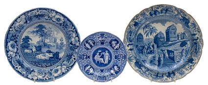Three blue and white transfer decorated plates, comprising a Pineapple Border series plate,