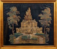 A Regency silkwork depiction of a couple before a mansion, early 19th century; the house, trees,