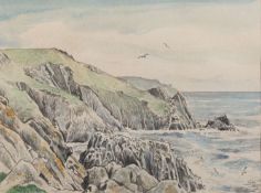 John Dyke (British, 1923-2003 ) Long Roost, West Side, Lundy. Pencil and watercolour 16 x 21.
