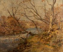 Harry MacGregor (British,1894-1934) The riverside path Oil on canvas 63 x 75.