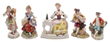 Five mixed Continental porcelain figures, comprising two Sitzendorf figures of ladies,