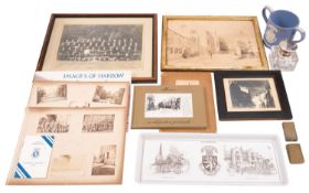 A small collection of items relating to Harrow School, including a silver topped cut glass inkwell,