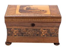 A Victorian rosewood and Tunbridgeware tea caddy,